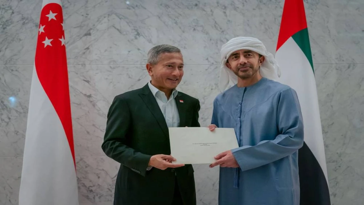 عبدالله بن زايد يتسلم رسالة خطية موجهة لرئيس الدولة من رئيس سنغافورة